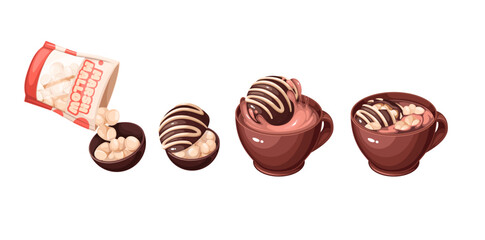 Chocolate bomb recipe vector illustration. Cartoon isolated infographics, sequence of steps for cooking hot drink in cup with chocolate ball and marshmallows, confectionery dessert for holidays