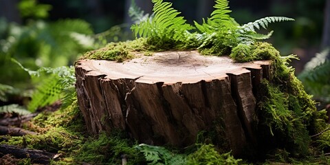 Wooden stump tree cut on green field in forest background, with copy space.