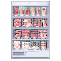 Supermarket fridge counter with meat vector illustration. Cartoon isolated beef, pork and chicken in plastic trays on shelf, fresh cattle and poultry farm products, meat variety in showcase for sale