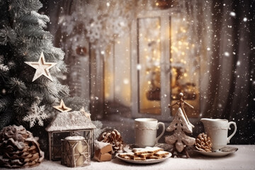 Obraz na płótnie Canvas Christmas holiday in winter season decorate with gift boxes, tree and ornaments, Snowflakes background, Happy new year celebration, Special event scene with copy space.