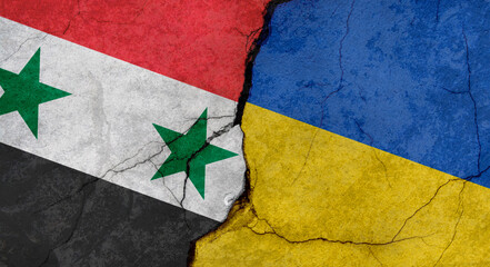 Syria and Ukraine flags, concrete wall texture with cracks, grunge background, military conflict concept