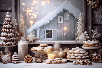 Christmas holiday in winter season decorate with gift boxes, tree and ornaments, Snowflakes background, Happy new year celebration, Special event scene with copy space.