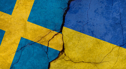 Sweden and Ukraine flags, concrete wall texture with cracks, grunge background, military conflict concept