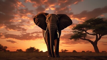 Towering African Elephant with its ears outstretched, creating an impressive silhouette against the setting sun.