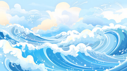 Sunny Ocean Wave with Happy Clouds and Splash Background Illustration
