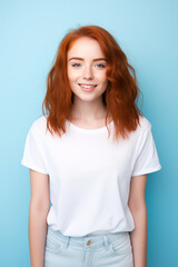 Obraz premium Laughing girl with red hair on a blue background