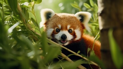Adorable Red Panda nestled among the branches of a bamboo forest, its fluffy tail wrapped around its body.