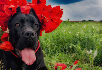 Beautiful Cane Corso dog with poppies in a field on a clear day.