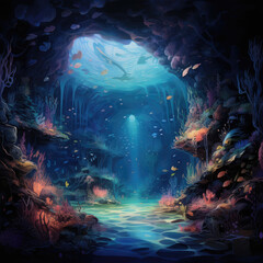 Underwater cavern with bioluminescent creatures and coral
