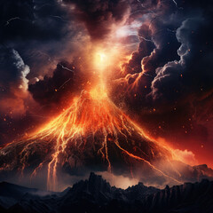 Volcano eruption spewing lava into the night sky