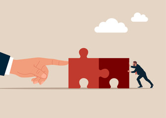 Big hand with pointing finger and businessman pushing two jigsaw puzzle elements. Working together, cooperation, partnership. Vector illustration.
