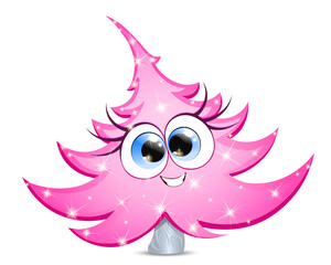 Funny cute smiling cartoon pink fir tree girl character with Christmas lights 