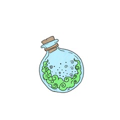 Witch cauldron, Halloween magic pot with green potion. magic potion in glass flask flat design sticker