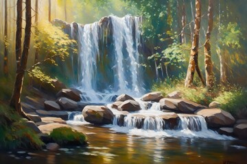 waterfall in the forest An oil painting of a forest waterfall, inspired by Claude Monet, a serene scene with  - obrazy, fototapety, plakaty