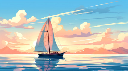 Embrace the serenity of a sailboat gently gliding on calm waters—an idyllic maritime setting perfect for nautical enthusiasts and ocean adventurers. - obrazy, fototapety, plakaty