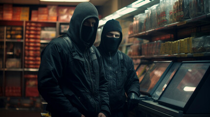 Obraz premium Under Surveillance: Robbers in Balaclava Face Masks, Generative AI.