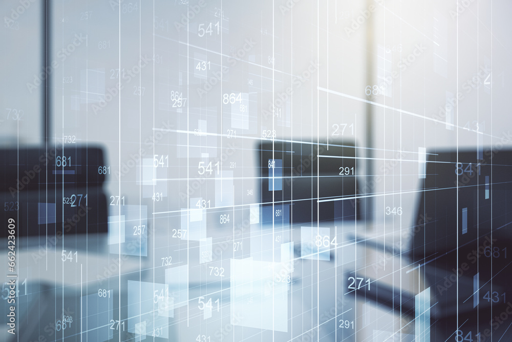 Poster double exposure of abstract creative statistics data hologram and modern desktop with laptop on back