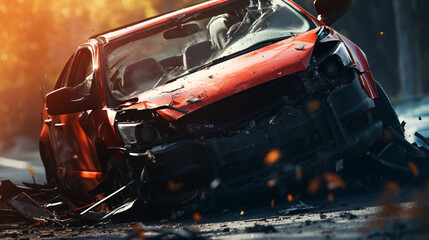 Close-up of a road-damaged car from reckless driving.. - obrazy, fototapety, plakaty