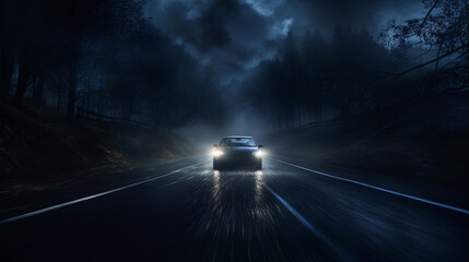 A car battles low visibility in the midst of dense nighttime fog..