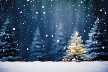 Beautiful Festive Christmas Scene With Snowy Forest, Decorated Christmas Tree, And Snowfall, With Ample Space For Copy