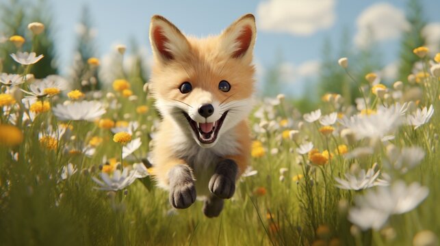 Mischievous red fox kit playfully pouncing through a field of vibrant wildflowers, its bushy tail held high.