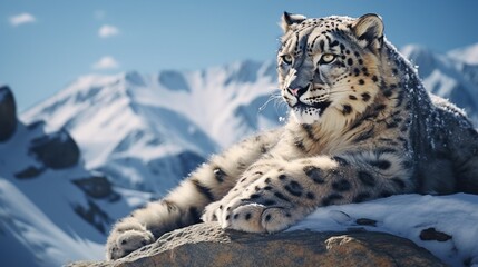 Pensive Snow Leopard gazing into the distance from a rocky perch, its piercing blue eyes reflecting the mountain's solitude.
