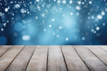 Naklejka na ściany i meble Beautiful Winter Scene With Snowy And Blurred Defocused Blue Background And Empty Wooden Flooring, Showcasing Falling Snowflakes And Offering Ample Copy Space