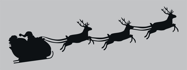 Santa Claus on a sleigh with reindeer. Black silhouette. Vector on gray background	 - obrazy, fototapety, plakaty