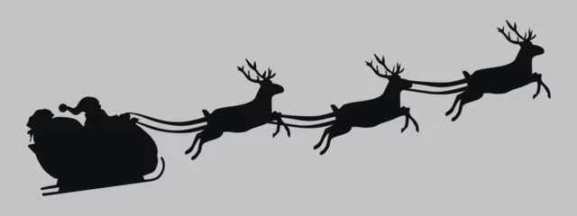 Fotobehang Santa Claus on a sleigh with reindeer. Black silhouette. Vector on gray background  © Dima