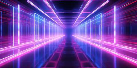 Immerse yourself in a futuristic world where a long corridor glows with neon fluorescence amidst a cyber-themed backdrop