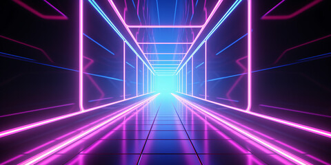 Journey into the future with a 3D illustration-ready corridor, aglow with neon fluorescence against a cyber background