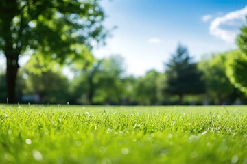 Blurred Background Image Showcasing The Spring Beauty Of Wellmaintained Lawn Surrounded By Trees Against Blue Sky With Clouds On Bright Sunny Day