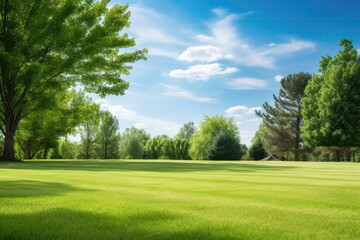 Fototapeta na wymiar Blurred Background Image Showcasing The Spring Beauty Of Wellmaintained Lawn Surrounded By Trees Against Blue Sky With Clouds On Bright Sunny Day