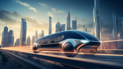 A modern electric vehicle propelled by magnetic levitation, skimming between lofty towers, is depicted in this creative transport idea.