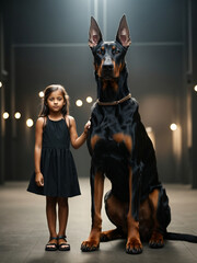 Little girl with big doberman dog