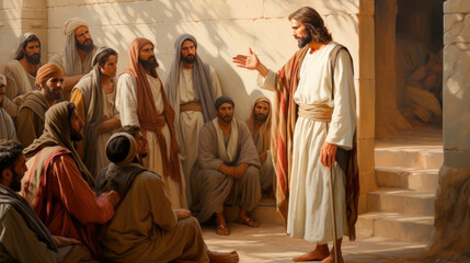 Illustration of Jesus Christ the Son of God teaching by parables and preaching to the people of Jerusalem Generative AI - obrazy, fototapety, plakaty