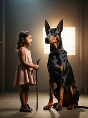 Little girl with doberman dog
