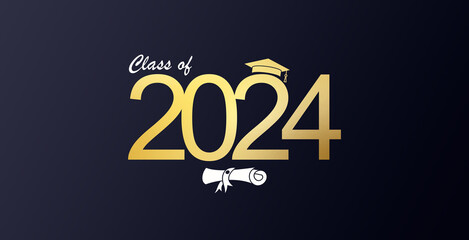 Gold design in black background for graduation ceremony. Class of 2024. Congratulations graduates...