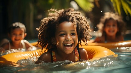 Afro girl swimming in a pool while wearing an inflatable ring - obrazy, fototapety, plakaty