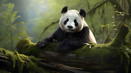 Endangered panda in forest habitat with bamboo, portraying wildlife and cuteness.