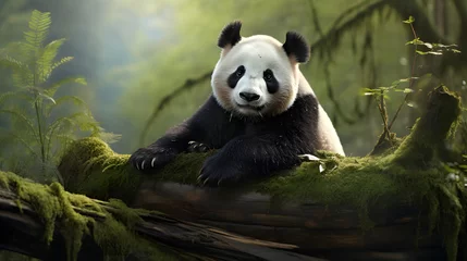 Schilderijen op glas Endangered panda in forest habitat with bamboo, portraying wildlife and cuteness. © Justin