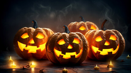Explore close-up shots of eerie pumpkin carving on Halloween Jack-O-Lanterns, revealing intricate and spooky details.