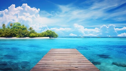 Landscape tropical sea with wooden dock bridge.AI generated image - obrazy, fototapety, plakaty