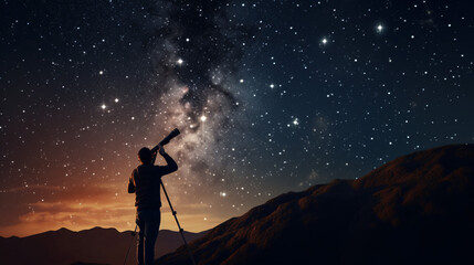 A man gazes at the night sky through an astronomy telescope, observing stars, planets, the Moon, and shooting stars - obrazy, fototapety, plakaty