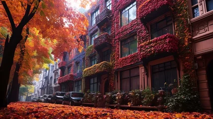 Foto op Aluminium A picturesque autumn street scene in the heart of the city neighborhood. © ckybe