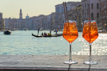 two Aperol Spritz in Venice, in the background the Grand Canal