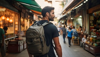 Digital nomad walking asian streets with backpack, rear view