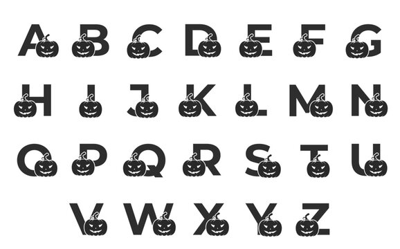 letters with jack o lantern. halloween and autumn alphabet design. pumpkin face isolated vector image