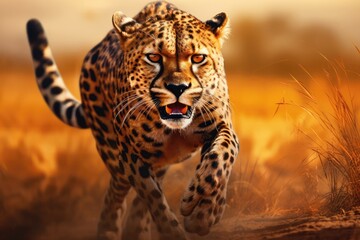 Obraz premium Cheetah Prowling For Prey In Savanna, Depicted Through Digital Art