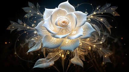 Serenity Through Fractal Harmony, White Rose Unveiling Sacred Geometry